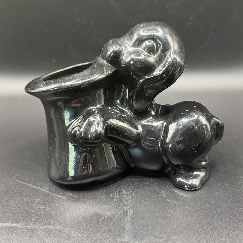 Vintage Black Glossy Glazed Ceramic Puppy With A Top Hat Planter Succulents